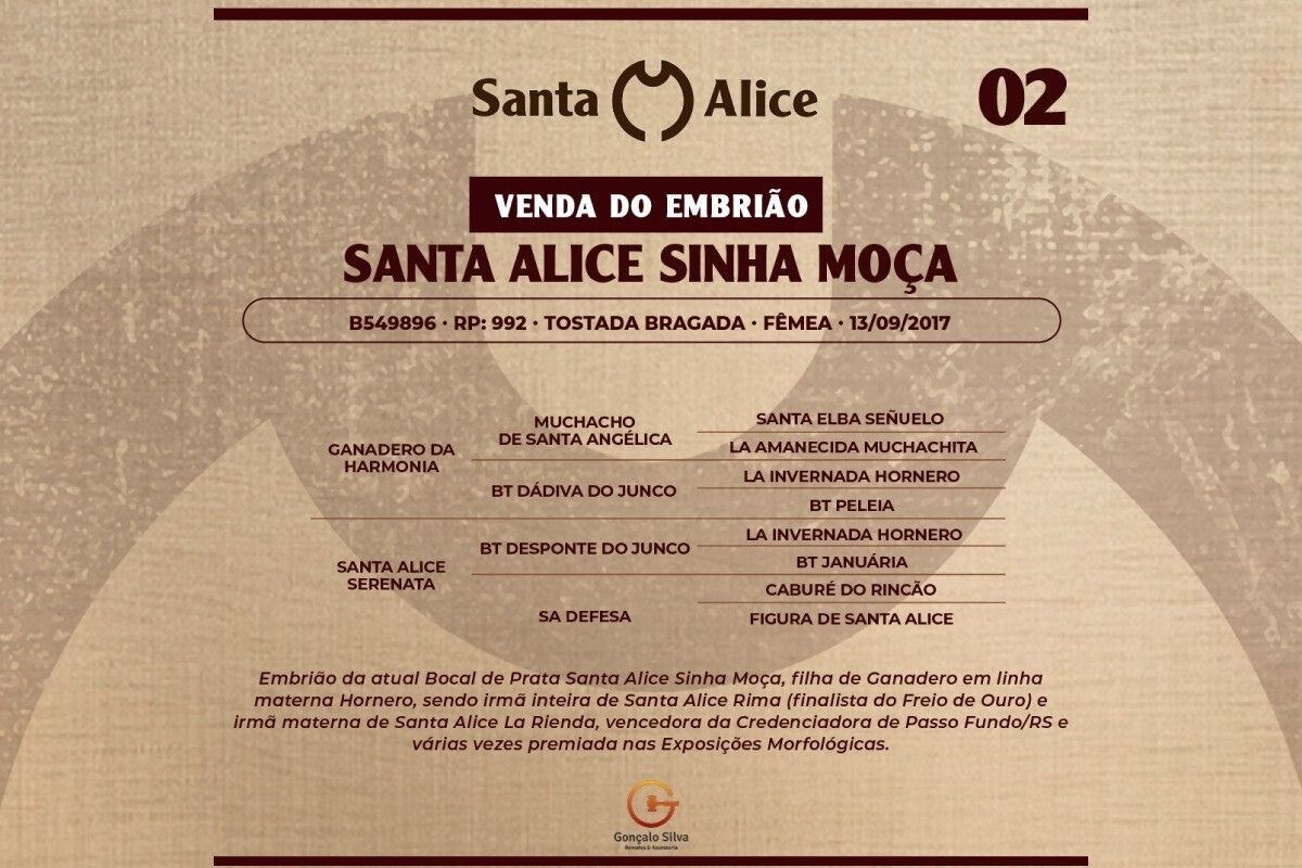 Geração SANTA ALICE SINHA MOÇA - EMBRIÃO