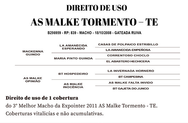 Geração DIREITO DE USO AS MALKE TORMENTO -TE 